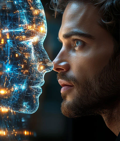 Man looking at responsive digital version of himself