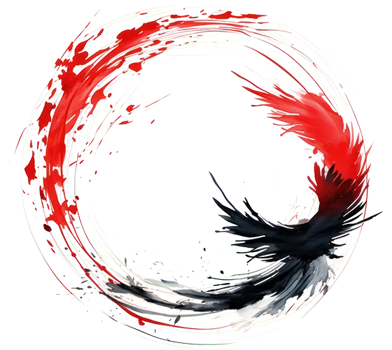 Red ink phoenix in a circular frame symbolizing strategic power and growth